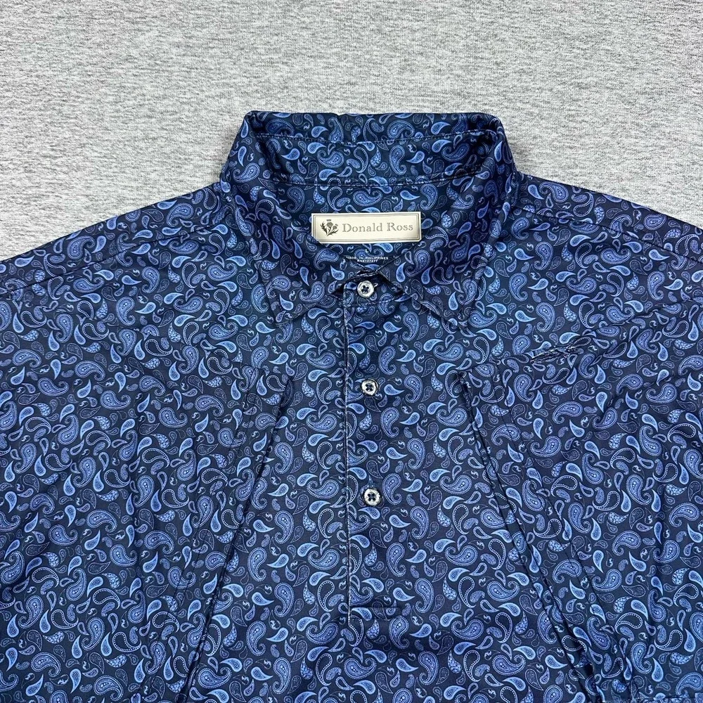 Donald Ross Polo Shirt Mens Large Blue Paisley Performance Stretch Sport Golf
